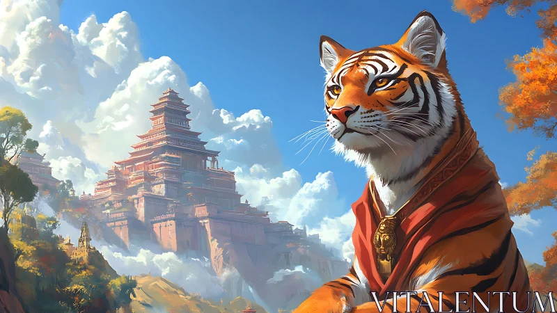Tiger in ceremonial robe before tiered mountain temple complex.