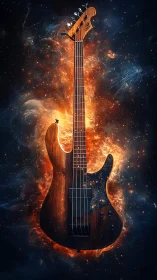 Electric bass guitar ignites in cosmic firestorm of sound.