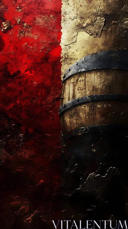 Rust-touched wine barrel against torn red stone divide.