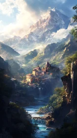 Mountain village glows beneath towering snow peak at dawn.