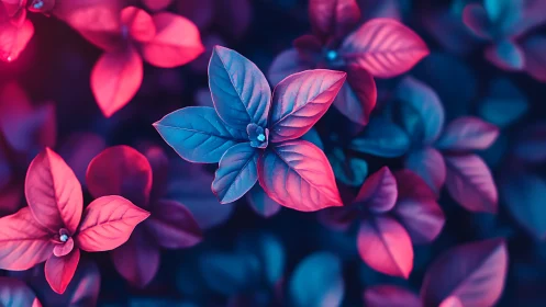 Neon blue and pink leaves glow softly in dreamy macro focus