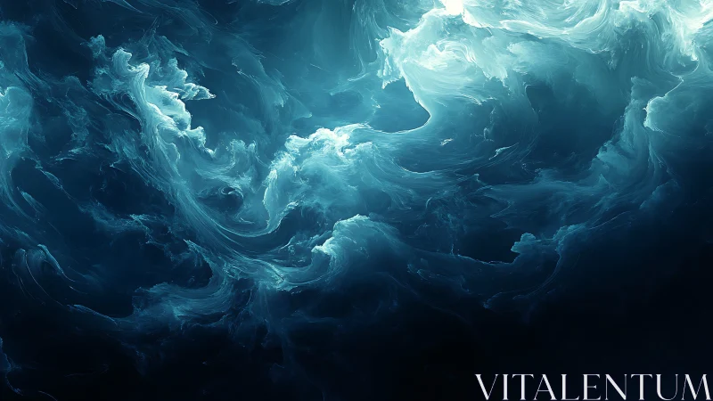 Abstract teal fluid vortex with swirling luminous forms.