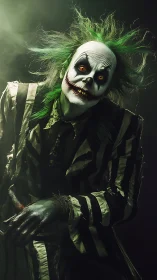 Playfully sinister striped ghost in eerie green mist.