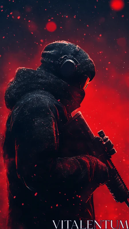 Heavily armored winter marksman in crimson backlit snowfall