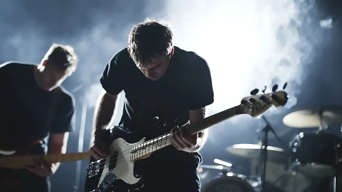 Electric bassist performs on stage under strong backlighting