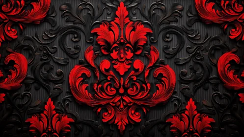 Red baroque floral pattern on dark ornamental background.