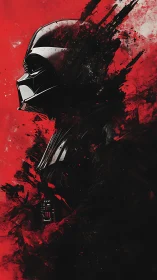 Side-profile helmeted figure in red and black digital abstraction.