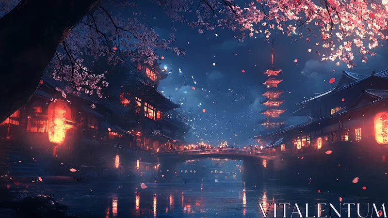 Lantern river under moonlit blossoms and whispering bridge.