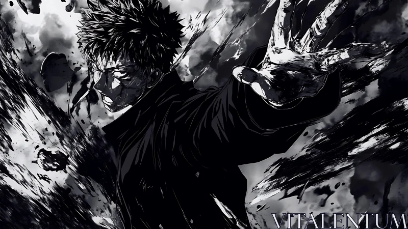 Storm of shadow energy around a fierce anime fighter.