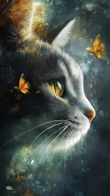 Feline Portrait with Butterfly Elements and Luminous Effects.