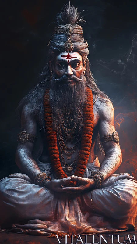 Ascetic sage in meditative pose rendered as high-detail digital painting