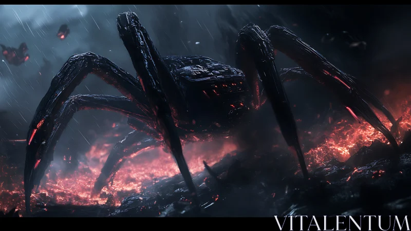 Cybernetic spider walker over molten battlefield in rain.