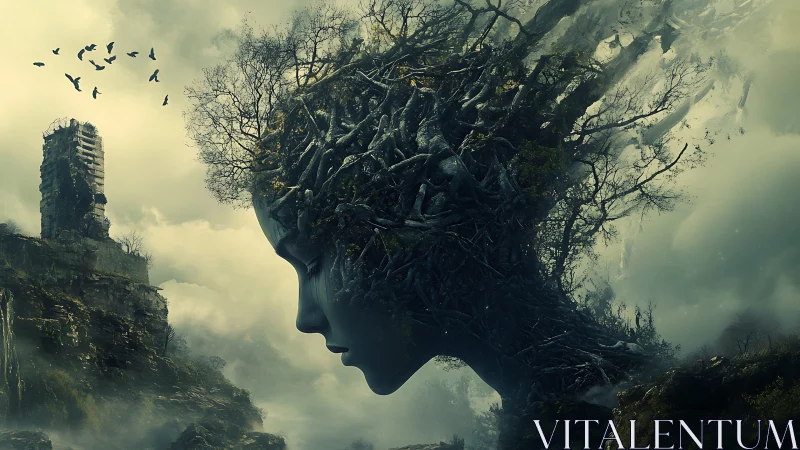Mythic arboreal female visage fused with misty ravine landscape