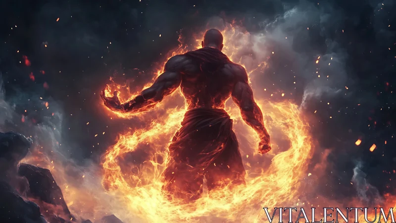 Flaming warrior commands a swirling inferno amid storm clouds