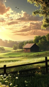 Gentle sunrise over a wildflower meadow and quiet barn.