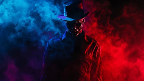 Smoke-scarred nightmare figure stalks through neon fog.