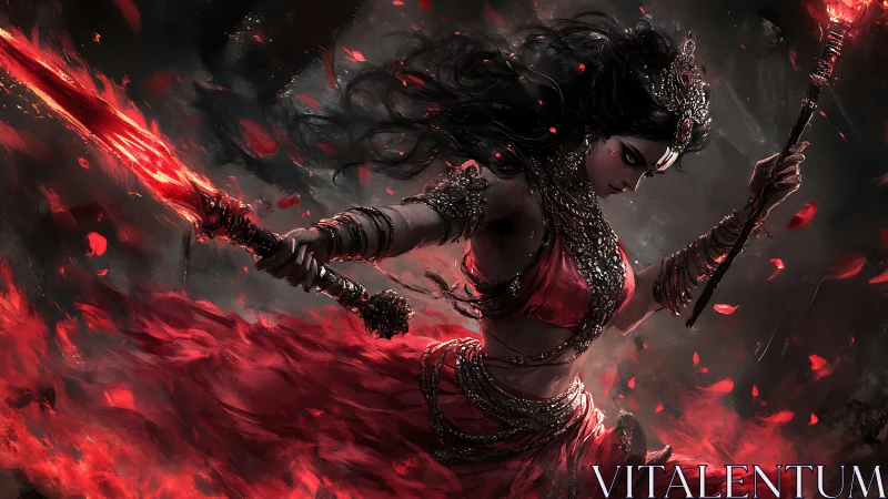 Warrior goddess brandishes twin flaming weapons in motion