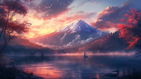 Glowing sunset embraces snowy mountain and quiet lake
