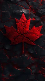 Cracked red maple leaf over dark textured cracked surface.