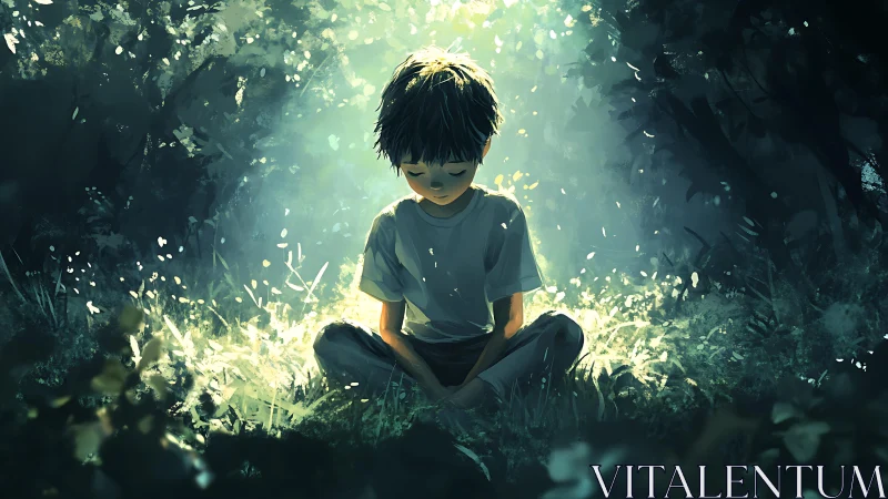Solitary boy seated in sunlit forest clearing at midday.