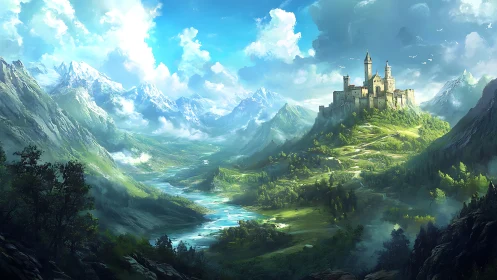 Mountain valley castle under bright sky in sunlight.