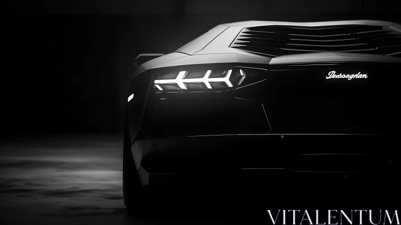 Futuristic supercar headlight glows in dramatic low-key lighting.