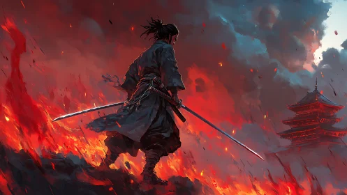 Samurai silhouette on burning slope facing distant pagoda.