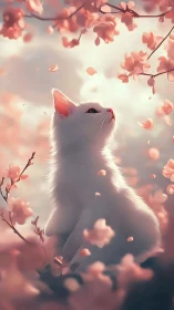 White cat gazes upward amid blooming pink cherry blossoms.
