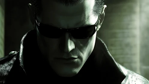 Cyberpunk enforcer in dark leather under neon haze.