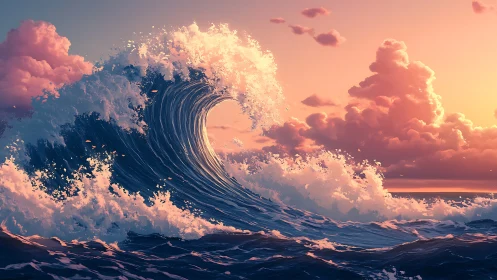 Sunlit ocean wave curls beneath glowing pastel clouds.