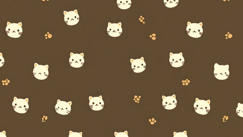 Whimsical Cat Faces and Paw Prints on Warm Brown Background.