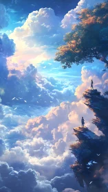 Dreamers stand on sky cliffs above glowing cloud oceans