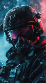 Armored tactical figure in frosted helmet and gas mask.