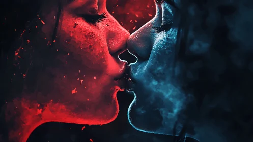 Red and Blue Faces in Neon Kiss – Digital Art