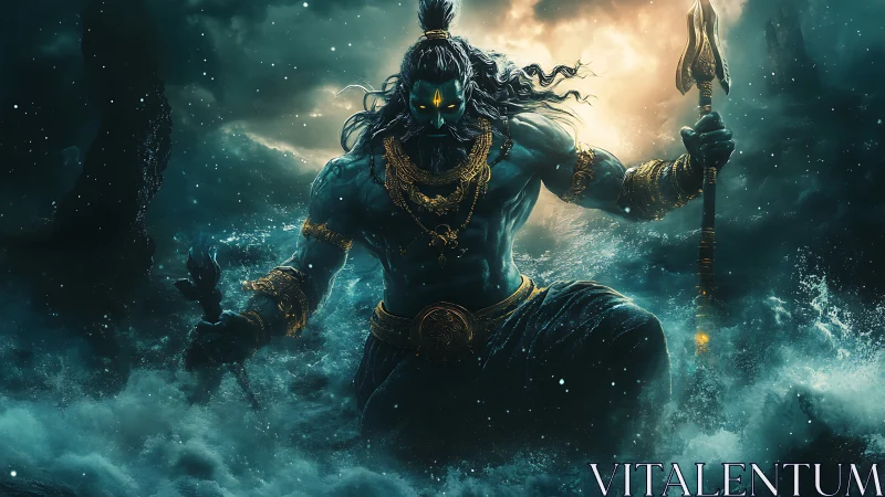 Mythic sea deity in storm-wracked oceanic digital painting.