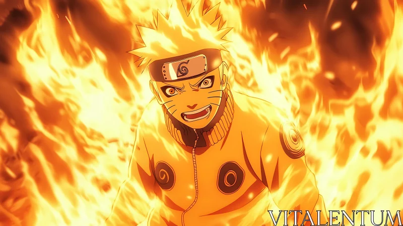 Anime ninja warrior engulfed in bright blazing chakra flames.