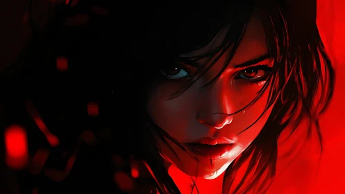 Cinematic close-up of intense female face under red rim lighting