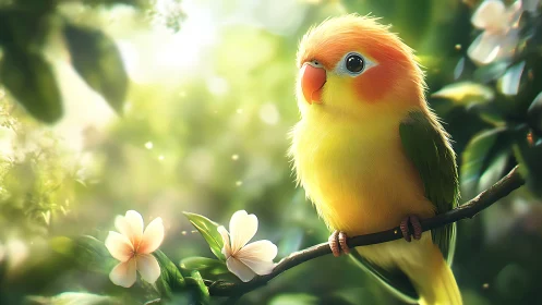 Vibrant Lovebird on Branch in Dreamy Spring Garden Scene.