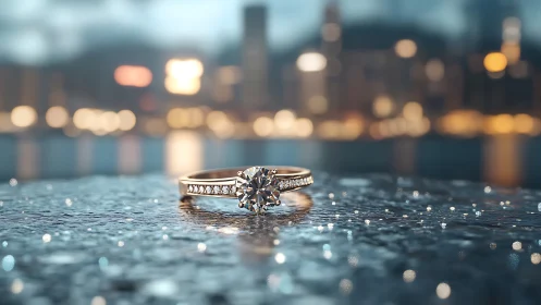Cityspark promise ring resting on rain-kissed skyline glass.