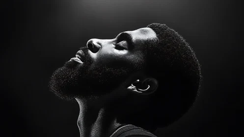 Monochrome side portrait in dramatic upward light focus.