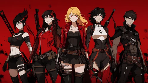 Anime strike team lineup against red tactical backdrop.