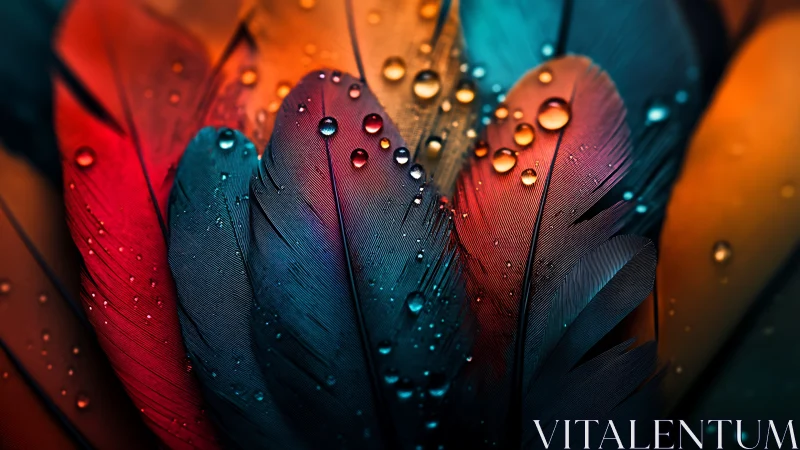 Iridescent bird feathers shimmer under glistening droplets.