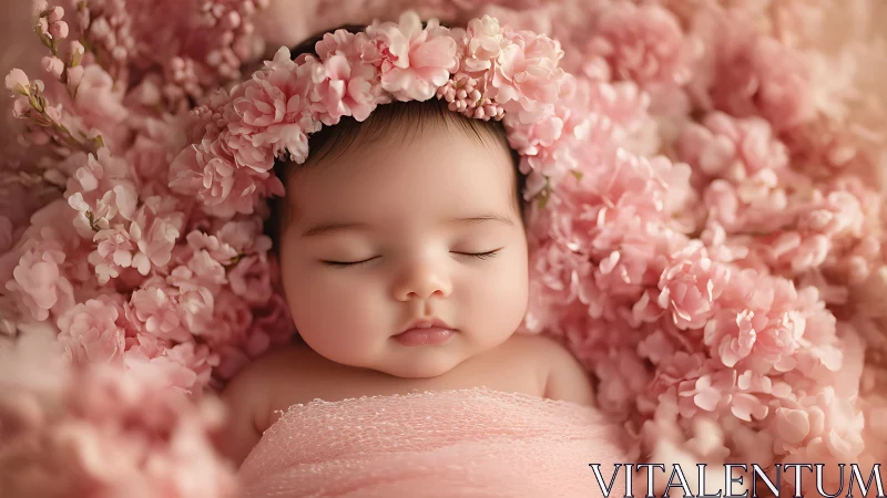 Sleeping Infant Cradled in Pink Floral Arrangement With Botanical Crown.