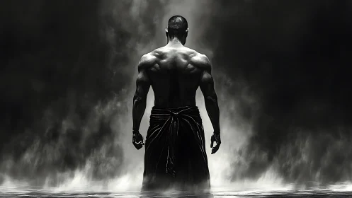 Monochrome backlit warrior in atmospheric water haze study.