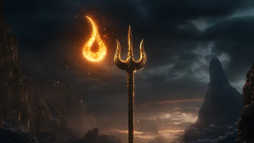Fiery trident rises calmly under a stormy twilight sky