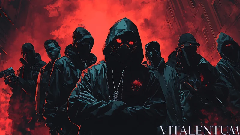 Hooded figures stand in formation against red urban skyline