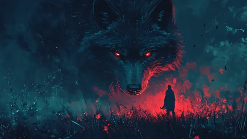 Scarlet-eyed wolf spirit confronts a lone wanderer at dusk