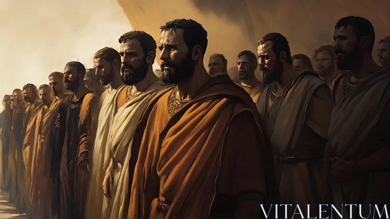 Procession of robed men in warm directional light at dusk.