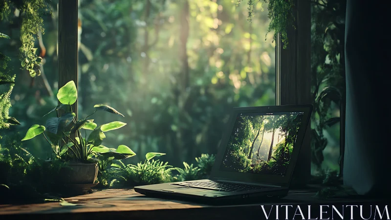 Laptop by sunlit window blurs digital workspace and nature