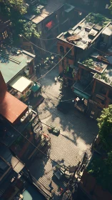 Urban courtyard from above with brick buildings and green vegetation.